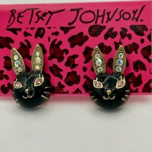 Betsey Johnson Black & Gold Bunny Earrings With Pink Sparkle & Matching Ring!